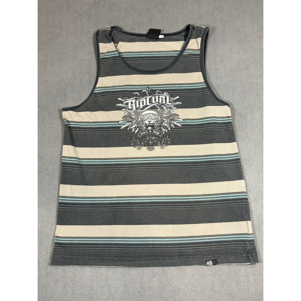 Rip Curl Tank Top Mens Medium Gray Striped Graphic Tiger Surf Search & Enjoy